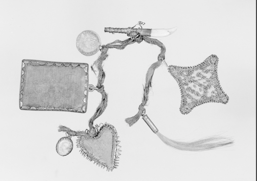 Wellcome Library, London Fraiskette with 3 cases, probably containing charms, a tooth mounted in silver with bell attahced, an operculum, and a coin showing on one side a Madonna and Child. Collection: Wellcome Images Copyrighted work available under Creative Commons Attribution only licence CC BY 4.0 http://creativecommons.org/licenses/by/4.0/