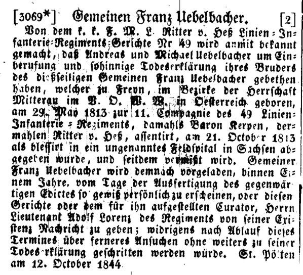1844 10 21 Wiener Zeitung Ausschnitt Übelbacher Franz
